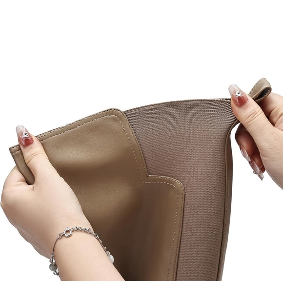 Taupe Khaki Women's Knee High Boots Chunky Platform Lug Sole Tall Riding Stretch - Picture 5 of 6